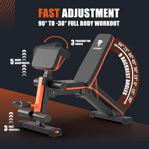 XCHIEF Adjustable Weight Bench - 1000LBS Heavy Duty Foldable Workout Bench Press with Leg Extension & Preacher Pad, Flat/Incline/Decline for Home Gym