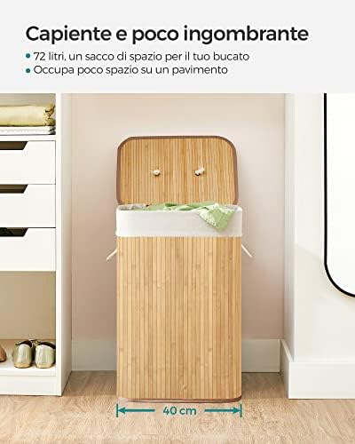 Cesta Portabiancheria con Coperchio, 72 L, Cesto Porta Biancheria in Bamb? Pieghevole, Sacco Rimovibile e Lavabile in Lavatrice, Maniglie, Lavanderia Camera, Naturale LCB10Y