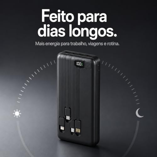 Power Bank Carregador Portátil Universal 20000mAh com Cabos Integrados USB-A, USB-C (Type-C), Micro-USB e USB-Light Carregamento Rápido Bateria Externa Compacta para Celular Android iOS(preto)