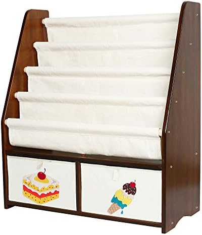 MallBoo Kids Bookshelf Book Rack Childrens Sling Bookcase Toys Organizer Shelves Natural Solid Wood Two Free Storage Boxes (Walnut, Ice Cream+Cake)