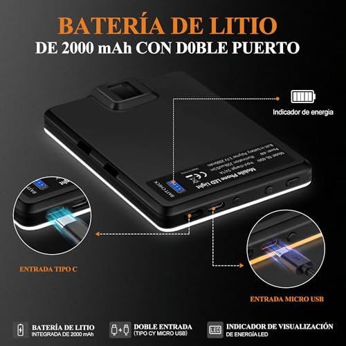MONSTYLE Luz para Grabar Videos, 60 Led Luz para Celular con Clip | 3 Modos, 10 Niveles De Brillo, Iluminación Ajustable 2500k-9900k, CRI 95+, Selfies, Fotografía, Grabación De Vídeo