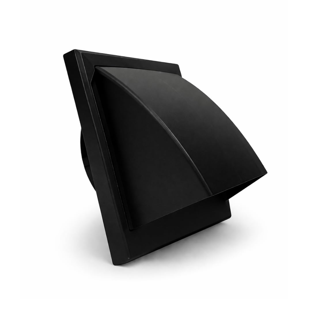 Fantronix Black Cowled Wall Vent Grille – 100 mm (4”) Rear Spigot, 155 x 155 mm External Size with Backdraught Shutter for Bathroom, Kitchen & Tumble Dryer Ventilation