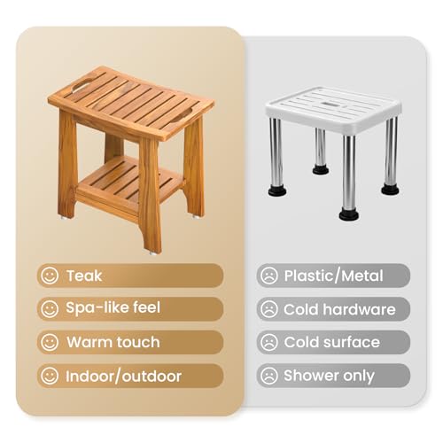 18" Standard Teak Shower Bench with Shelf & Handle - Waterproof, Non-Slip Bath Stool, 300 lbs Capacity - Fits Standard Tubs/Showers & Outdoor Use (Patented)
