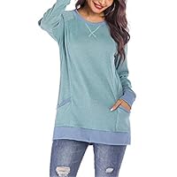 EULLA Women Long Sleeve Raglan T-Shirt Scoop Neck Pockets Solid Tunic Tops Autumn Pullover Blouse Blue