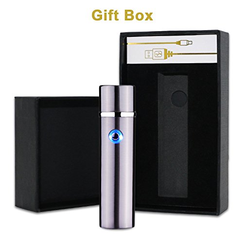 Electric Lighter USB Rechargeable, Acetek Electronic Double Arc Beam Cigarette Plasma Lighter Flameless Windproof No Gas, Metal Body, Gift Box (Grey))