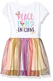 JoJo Siwa Girls' Little Peace Love Unicorns Tutu Dress with Tulle Skirt, White/Rainbow, SM-6/6x