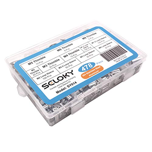 Seloky 478 Pcs M2/3/4/5/6/8 304 Stainless Steel Wire Rope Cable Thimbles and 6 Sizes Aluminum Crimping Loop Sleeve Assortment Kit