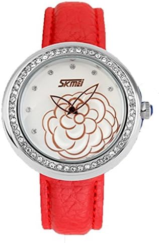Red Leather Diamond Women Flower Quartz Wrist Watches