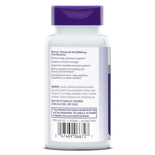 NATROL VITAMIN B12 5,000 MCG, FAST DISSOLVE VITAMIN B12 SUPPLEMENT SUPPORTS A HEALTHY NERVOUS SYSTEM AND ENERGY METABOLISM, 100 TABLETS, UP TO A 100 DAY SUPPLY