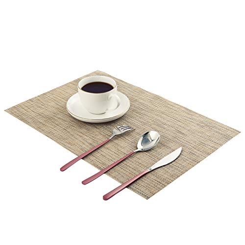 Vivi&Stitch Wipeable Placemats, 6 Pack Table Placemats, Easy to Clean Heat-Resistant Stain Resistant Anti-Skid Woven Vinyl PVC Table Mats for Kitchen Dining Table(Linen)