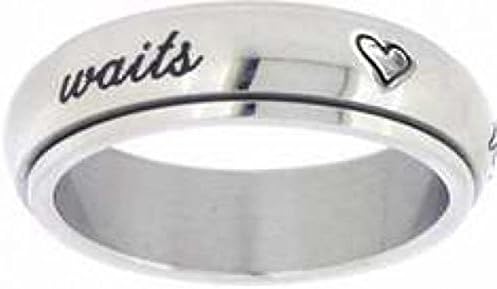 Solid Rock Jewelry STAINLESS STEEL CURSIVE "true love waits" WITH HEARTS SPIN RING STYLE 389