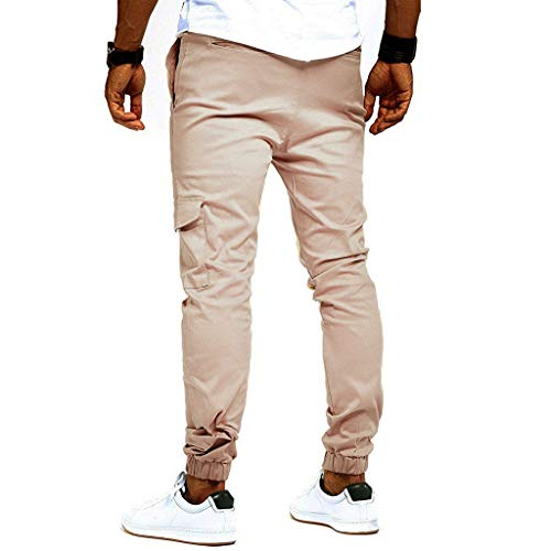 Fashion Casual Pants Mens Slim Pure Color Bandage Sweatpants Drawstring Pants Khaki - Thumbnail 3