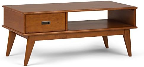 Simpli Home Draper SOLID HARDWOOD 48 inch Wide Rectangle Mid Century Modern Coffee Table in Teak Brown with Storage, 1 Drawer and 1 Shelf, for the Living Room, Family Room