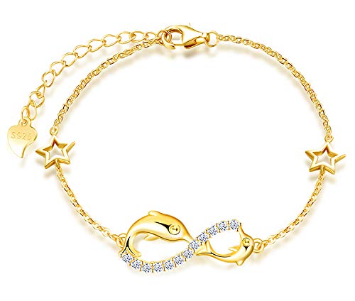 MicLee Woman's girl's Bracelet, 925 Sterling Silver bracelet, Dolphin and infinity symbol bracelet, with mini hollow star, Inlaid zircon, adjustable chain, design of ocean theme bracelet