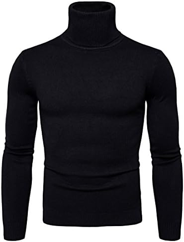 Men's Turtleneck Roll Neck Knitted Jumper Slim Fit Pullover Sweater Knit Stretch Jersey Cotton,Black,M