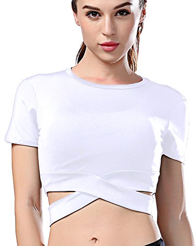 Campeak Women's Yoga Gym Crop Top Compression Workout Athletic Short Sleeve Tank T Shirt White S