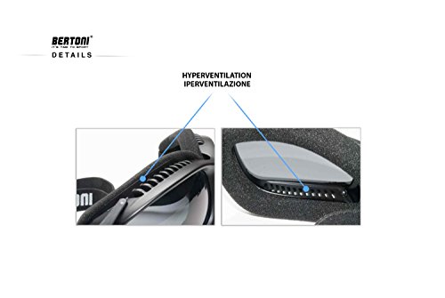 Motorcycle Goggles for Helmet - Antifog Lens - Adjustable Strap - Mat Black - by Bertoni Italy AF113A Smoke Lens - Wraparound Windproof Motorbike Goggles