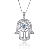 925 Sterling Silver Filigree Blue CZ Hamsa Hand of Fatima Pendant Necklace, 18 inches