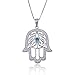 925 Sterling Silver Filigree Blue CZ Hamsa Hand of Fatima Pendant Necklace, 18 inches