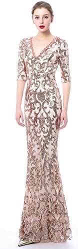 Risestaryiding Women Half Sleeve Beaded Sequins Evening Dress Mermaid V Neck Party Dress (Gold, 16)