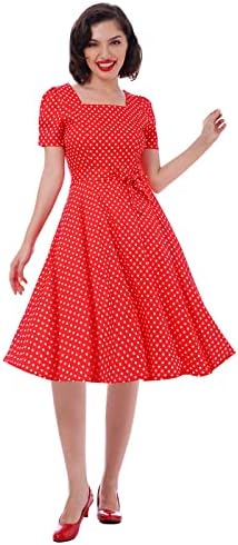 IKADEX Women Vintage 50s 1950s Dress Square Neck A-line Polka Dot