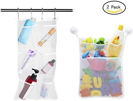 AOMGD 2 Pack -One Shower Hanging Organizer and One Baby Bath Toy Organizer.Space Saving Bathroom Accessories and Quick Dry Bath Organize