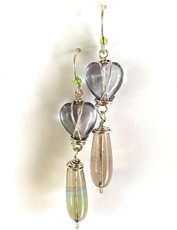 Rainbow Fluorite Valentine's Day Heart Earrings - Sparkling Violet to Lavender Semi Precious Gemstones &amp; Sterling Silver, .925 - Wire Wrapped Handmade Purple Drops with Dangles - OOAK Gift for Women.
