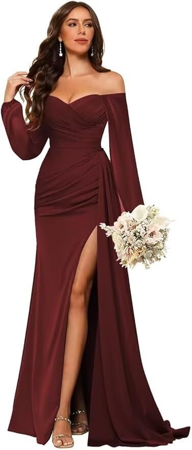 Photo 1 of vintys Simple Womens Off Shoulder Satin Long Sleeve Bridesmaid Dresses with Slit Burgundy Plus Size Ruched Mermaid Formal Dress 16W