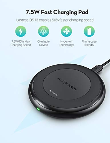 Fast Wireless Charger RAVPower 7.5W Compatible iPhone 11/Xs MAX/XR/XS/X/8/8 Plus, with HyperAir, 10W - //coolthings.us