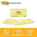 Post-it Notes, America's #1 Favorite Sticky Note, 3 x 3-Inches, Canary Yellow, Lined, 6-Pads/Pack