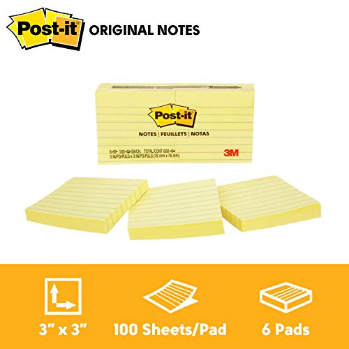 Post-it Notes, America's #1 Favorite Sticky Note, 3 x 3-Inches, Canary Yellow, Lined, 6-Pads/Pack