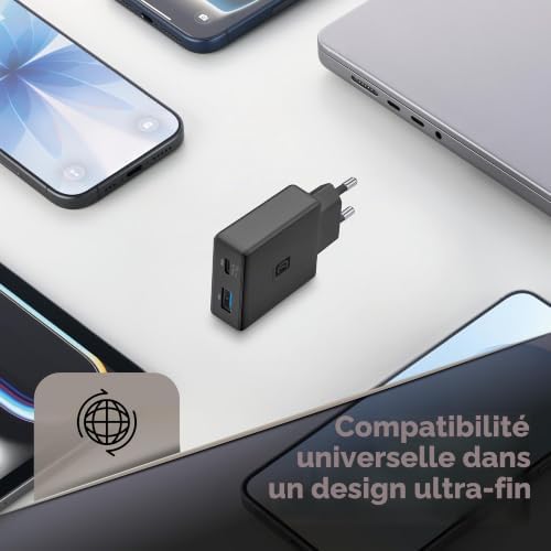 Chargeur Secteur Cellularline Power Lite 45 W Double Port USB-C et USB-A 18 W avec Recharge Rapide Technologie GaN+ Design Compact pour Smartphone, Tablette et Ordinateur, Noir