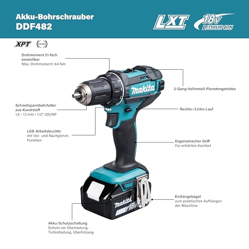 Makita DDF482RFJ Cordless Drill 18 V / 3.0 Ah, 2 Batteries and Charger in MAKPAC Black, Blue
