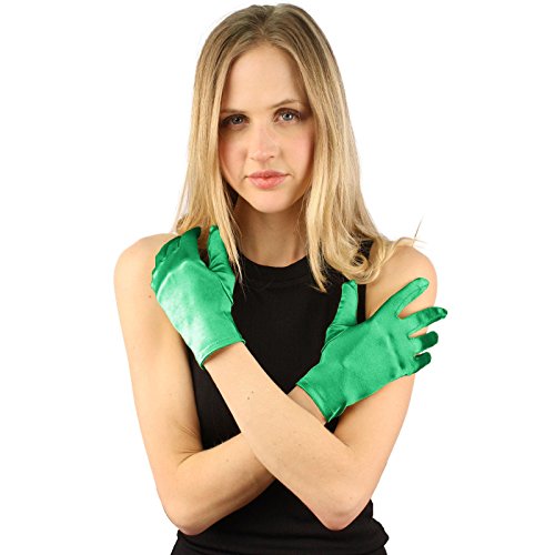 Elegant Satin Shiny Finish Stretchy Wrist Short Length Dress Formal Gloves Kelly Green
