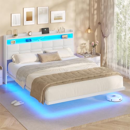 AOGLLATI Polsterbett 160x200 cm, Doppelbettgestell, Bettrahmen mit LED-Beleuchtung und Ladestation, Bettgestell mit Kopfteil, Bett Schwebebettrahmen, 
