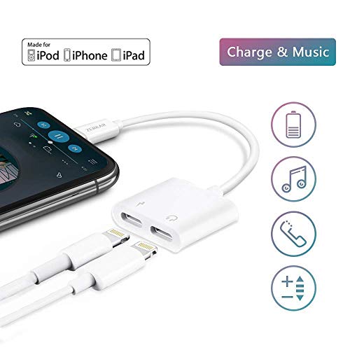 iPhone 8 iPhone X Lightning Adapter& Splitter Lightning to Audio & Charger for iPhone X/iPhone 8/iPhone 7 Dual Lightning Headphone Adapter Audio and Charge Control volume Call for iPhone iPad iPod iTouch. Support for iOS 11 White