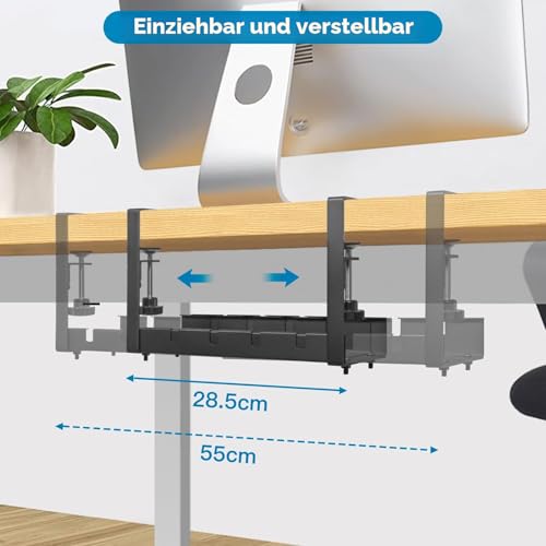 GUOOUG Cable Duct Desk, Black, No Drilling, Retractable 28.5-55 cm, Cable Management Desk, Adjustable Metal Cable Holder, Cable Tray, Cable Organiser, Table, Cable Basket, Clampable for Office