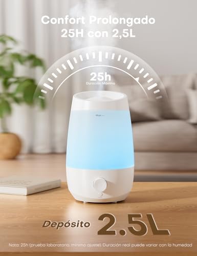 Humidificador, humidificador de óleos essenciais de 2,5L, 250 ml/h, difusor de óleos essenciais de 25H, desligamento automático, 25 dB silencioso para bebés e plantas, branco