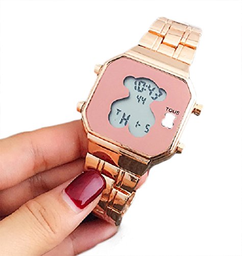 Electronic Digital Bear Wristwatch Noctilucent Fashion Men Women Stainless Steel LED Watch (Rose Gold)