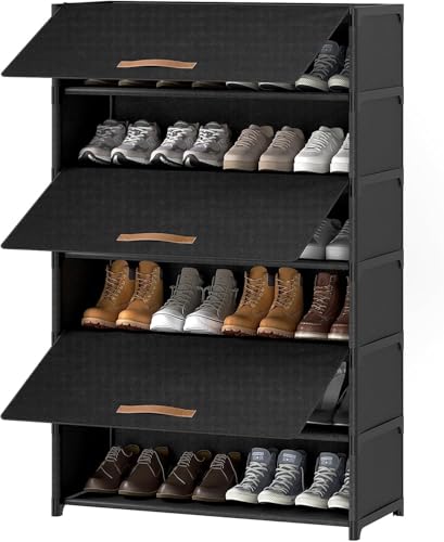 Shoe Rack, 7 Tier Shoe Storage Cabinet with Door 28 Pair Plastic Shoe Shelves Organizer for Closet, Entryway, Hallway, Bedroom, Black