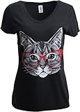 Red Linda Glasses Cat | Sassy Funny Kitty Belcher Cute V-Neck T-Shirt for Women