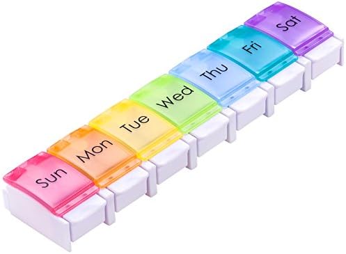 Pill Organiser Box Tablet Dispenser Medicine 7 Day Weekly, KUMFI Travel Pill Organizer Vitamin 7 Compartment Daily Fish Oil Containers, Rainbow