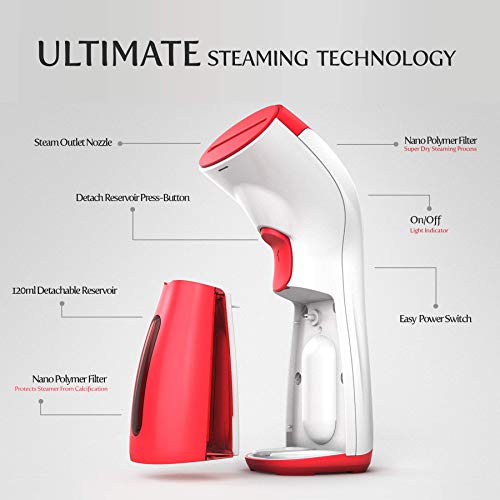 2018 Steamer Generation. 7-in-1 Powerful Multi Use: Clothes Wrinkle Remover- Clean- Sterilize- Sanitize- Refresh- Treat- Defrost. For Garment/Home/Kitchen/Bathroom/Car/Face/Travel (Red)