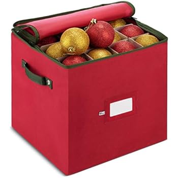 ZOBER Christmas Ornament Storage Box with Zippered Closure - Protect & Keeps Safe Up to 64 Holiday Ornaments & Xmas Decorations Accessories, Durable Non-Woven Ornament Storage Container, Two Handles