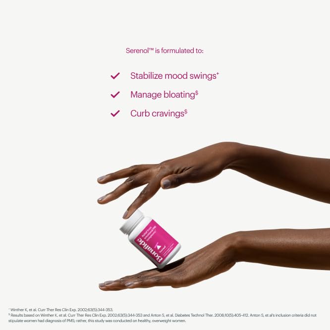 Serenol by Bonafide. Relief from Hormonal Mood Swings, Irritability, & PMS Bloating. — 1-Month Supply (60 Tablets)