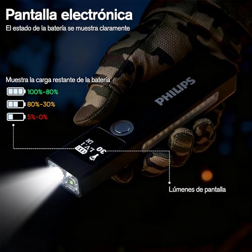 PHILIPS SFL6256 Linterna LED 1200LM Recargable Táctica con Imán | luz RGB, 9 Modos, Impermeable, Linterna LED Recargable y Portátil, Ideal para EDC, Camping y Emergencias.