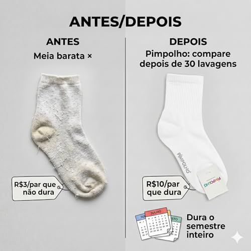 Kit Meia Pimpolho Bebe Infantil Kit com 6 Pares de Meias Lisas Branca, Tamanho 21-25, Algodão, Tamanho 1 a 3 anos Premium