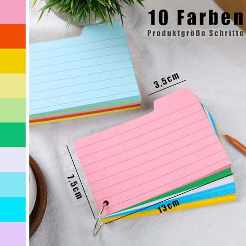 Koogel 560 Stücke Bunt Lernkarten Karteikarte, Linierte Karteikarten mit Haftnotizen Tabs Blanko Karteikarten mit Ring Vokabelkarten für Lernen Büro Schule Zuhause
