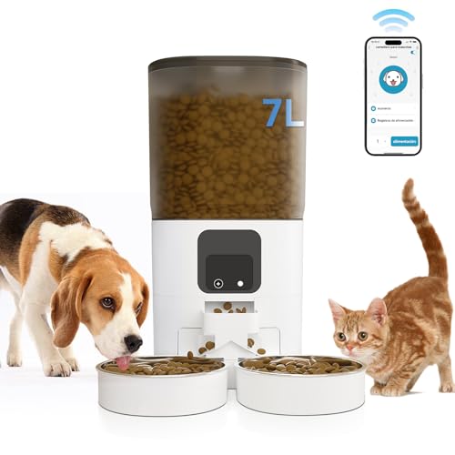 LOKOOY 7L Comedero Automático Para Gatos Con Doble Bol de Acero Inoxidable,Control APP, Comedero WiFi,Dispensador de Comida Para Perro y Gato Con Temporizador, Voz de 10 Segundos，Alimentador Para Gato