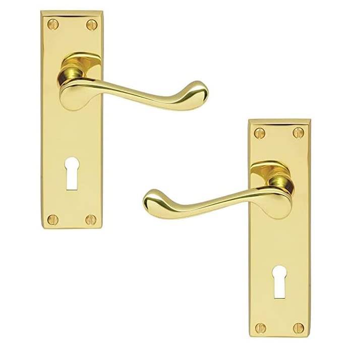 Ironmongery Solutions® Internal Victorian Scroll Lever Lock Door Handle Set in Polished Brass, Polished Chrome, Satin Chrome, Satin Nickel Finishes (Lock, Polished Brass)